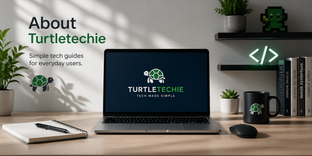 Modern tech workspace with laptop displaying Turtletechie website for simple tech guides