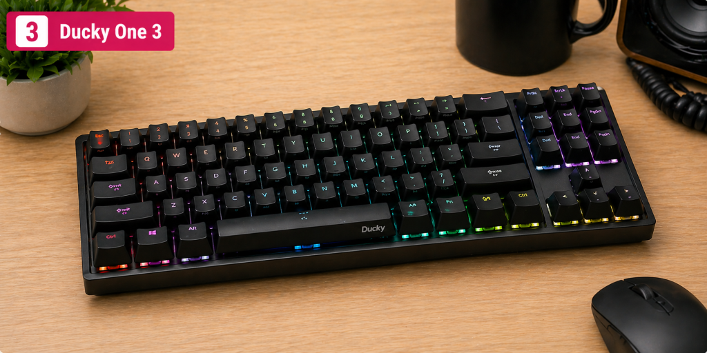 Ducky One 3 RGB mechanical keyboard on desk setup for programming