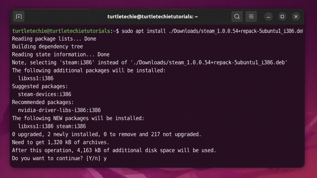 Ubuntu terminal showing sudo apt install steam command with turtletechie user prompt