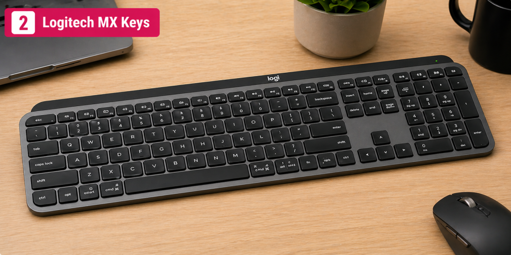 Logitech MX Keys low profile keyboard on desk for programming and productivity