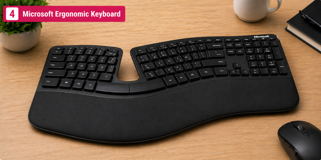 Microsoft ergonomic split keyboard with wrist rest for comfortable typing