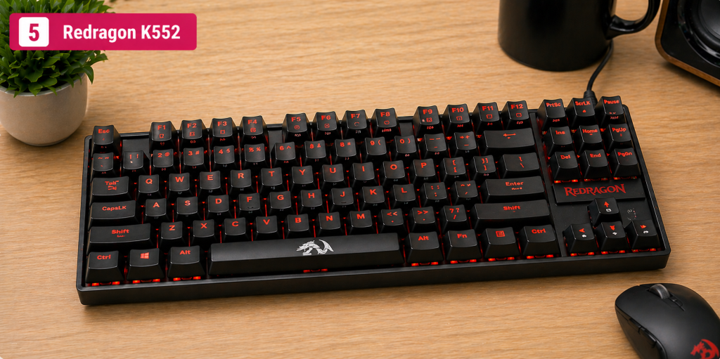 Redragon K552 budget mechanical keyboard with red backlighting on desk