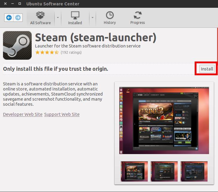 Ubuntu Software Center showing Steam install page with install button