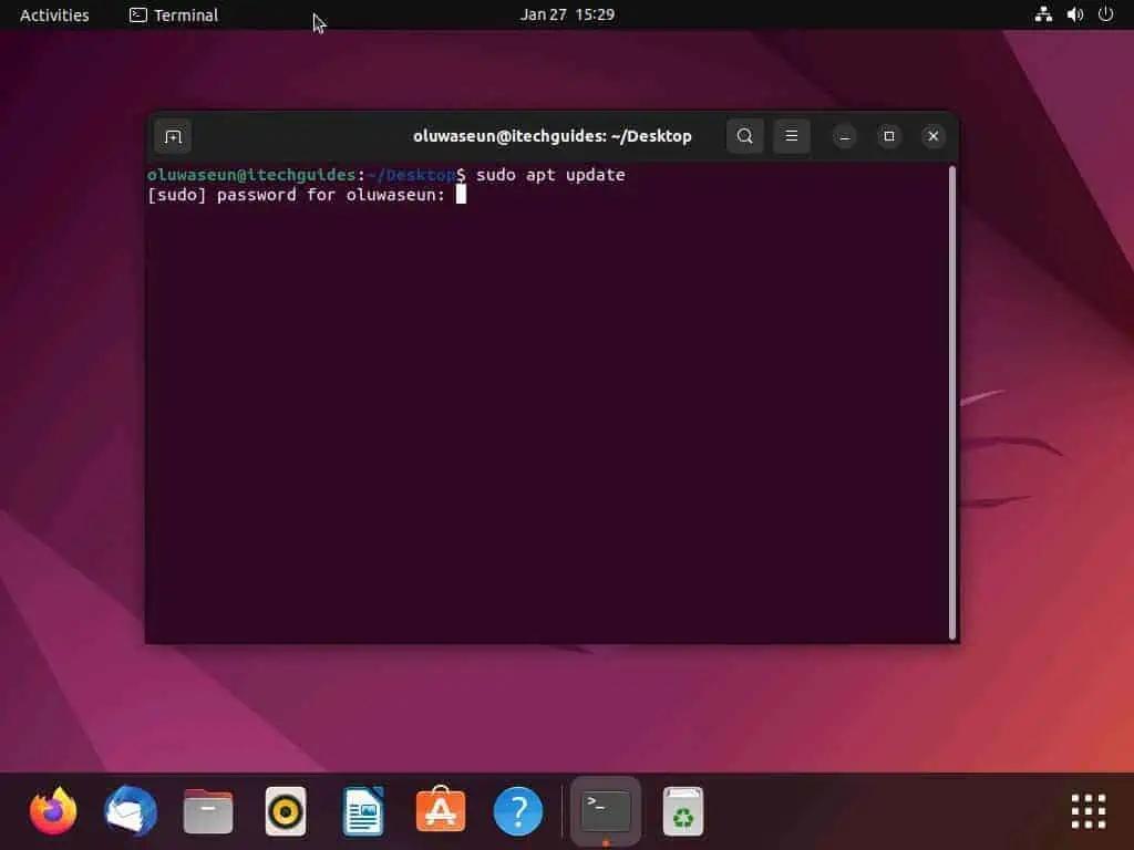 Ubuntu terminal showing sudo apt update command being run