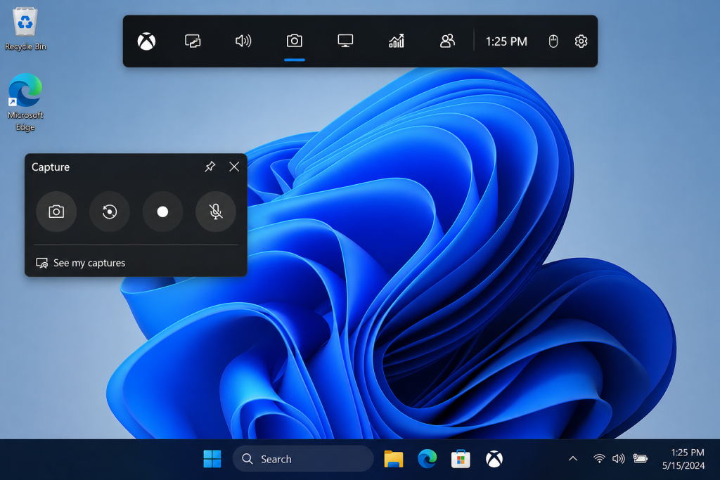 Windows Xbox Game Bar screenshot showing capture overlay and recording controls
