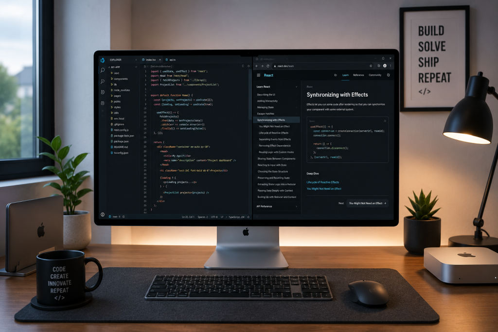 Apple Studio Display setup for programming with Mac desktop workspace
