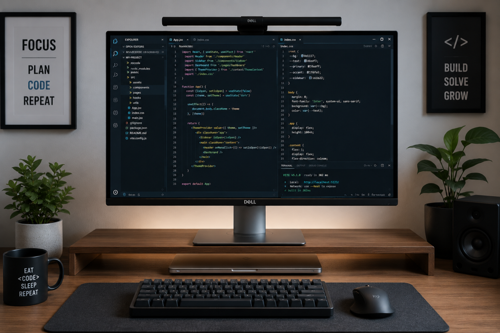 Dell UltraSharp monitor displaying code in a clean programming desk setup