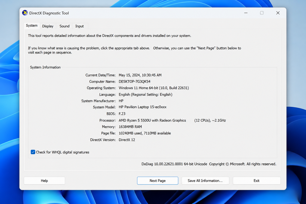 DirectX Diagnostic Tool showing PC hardware information on Windows