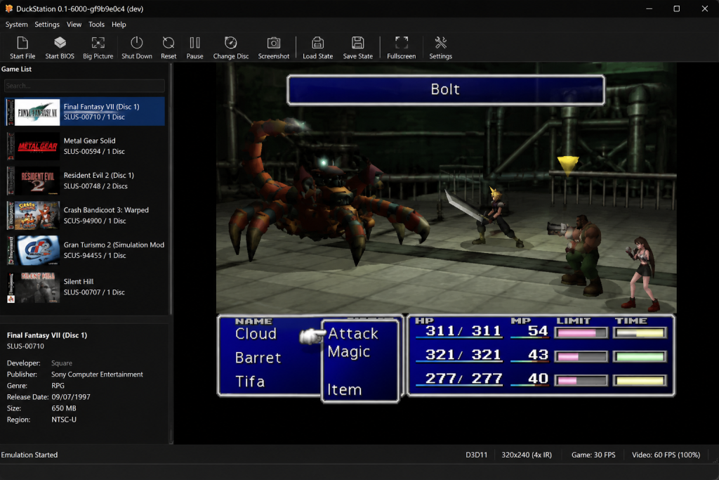 DuckStation PS1 emulator running Final Fantasy VII on Windows