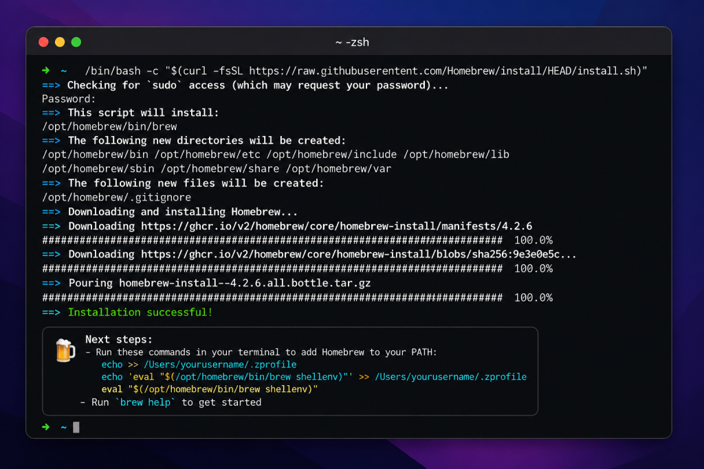 macOS Terminal showing the Homebrew installation process
