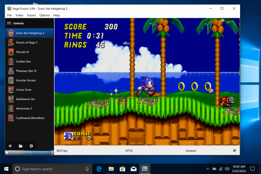 Kega Fusion emulator running Sonic the Hedgehog 2 on Windows