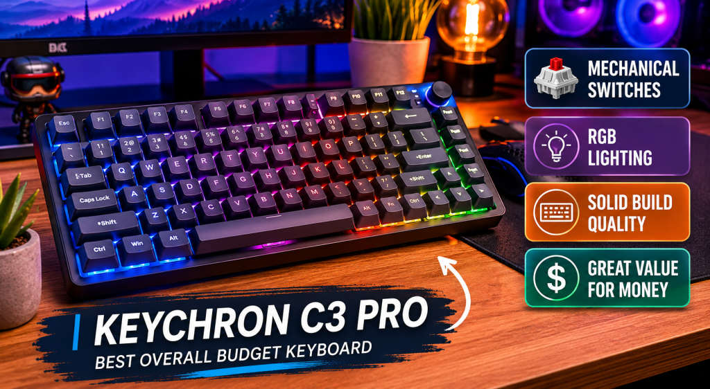 Keychron C3 Pro mechanical keyboard with RGB lighting on a modern desk setup