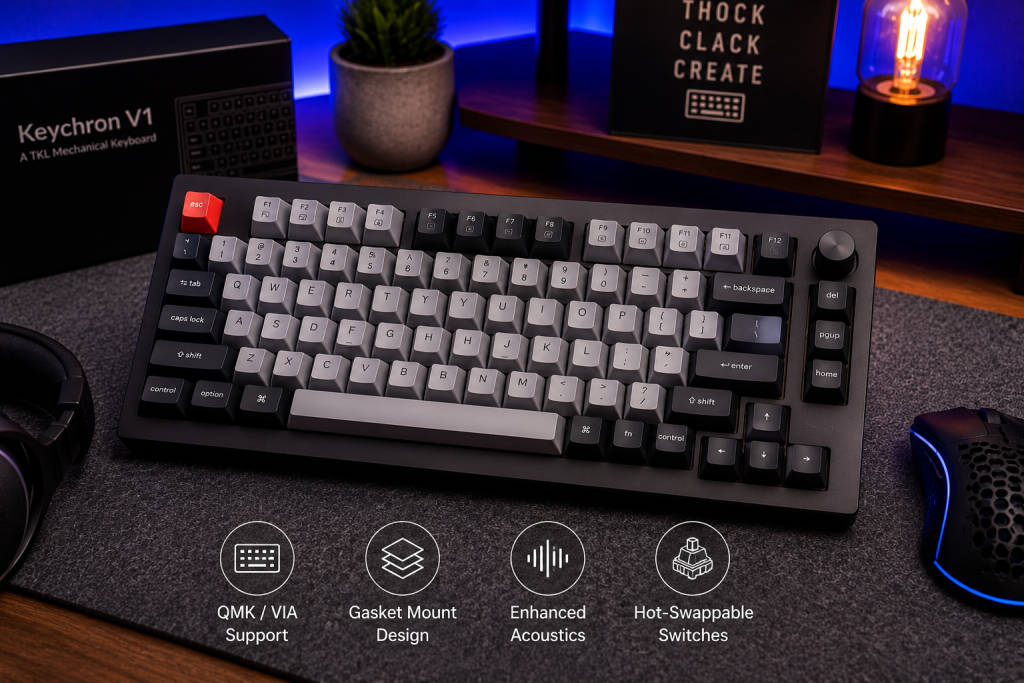 Keychron V1 mechanical keyboard on a modern desktop setup with warm ambient lighting