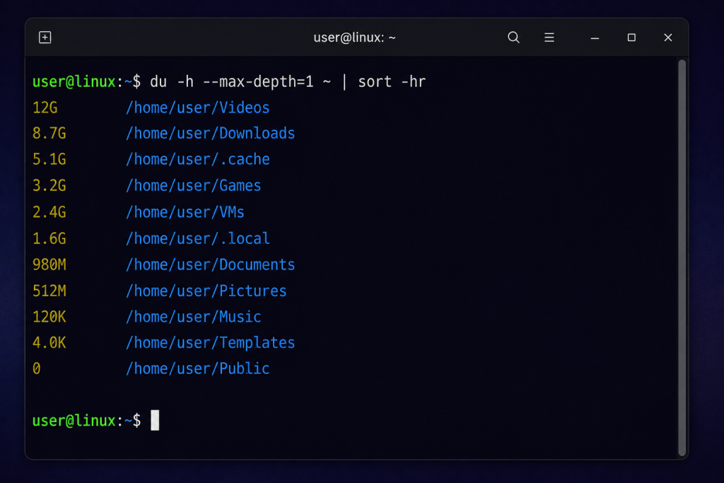 Linux terminal displaying du command output sorted by folder size