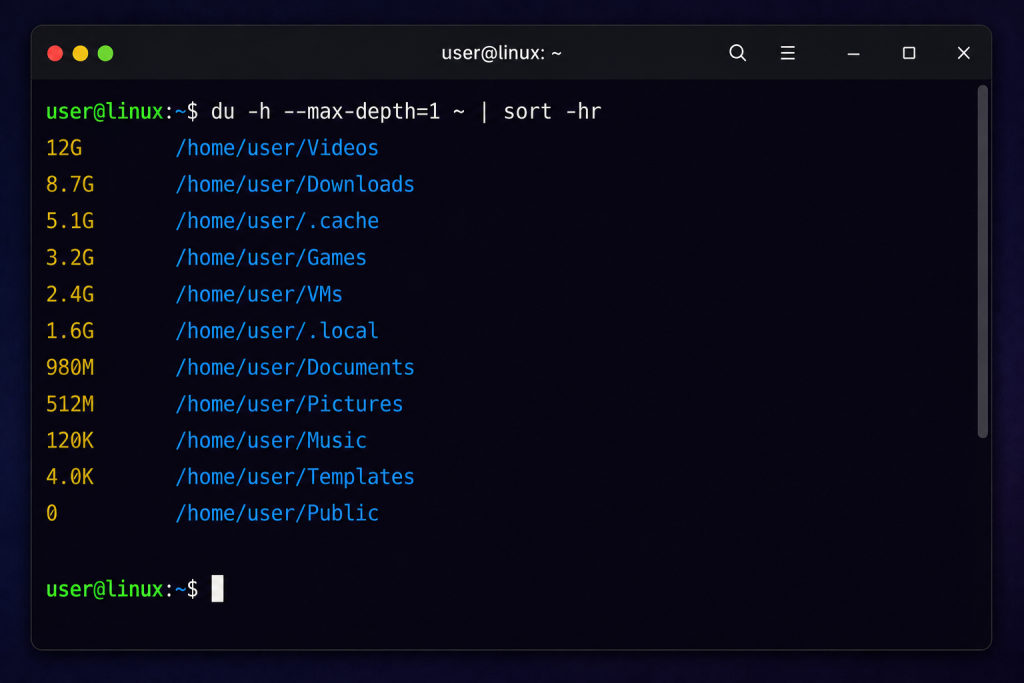 Linux terminal showing find command results for large files on the filesystem
