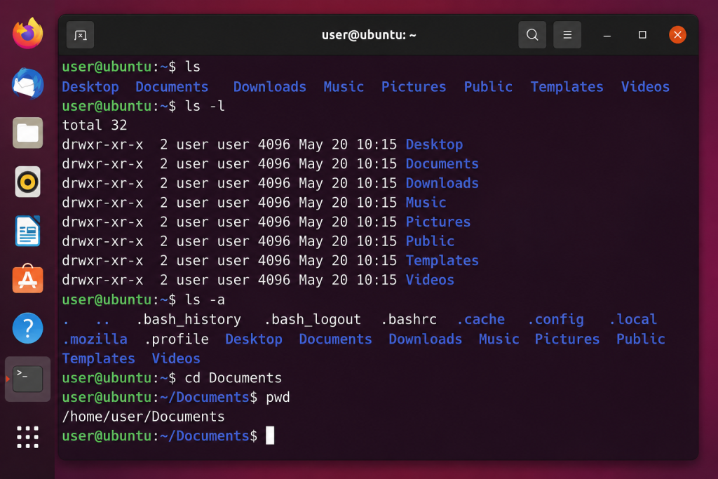 Linux terminal showing basic commands like ls cd and pwd for beginners