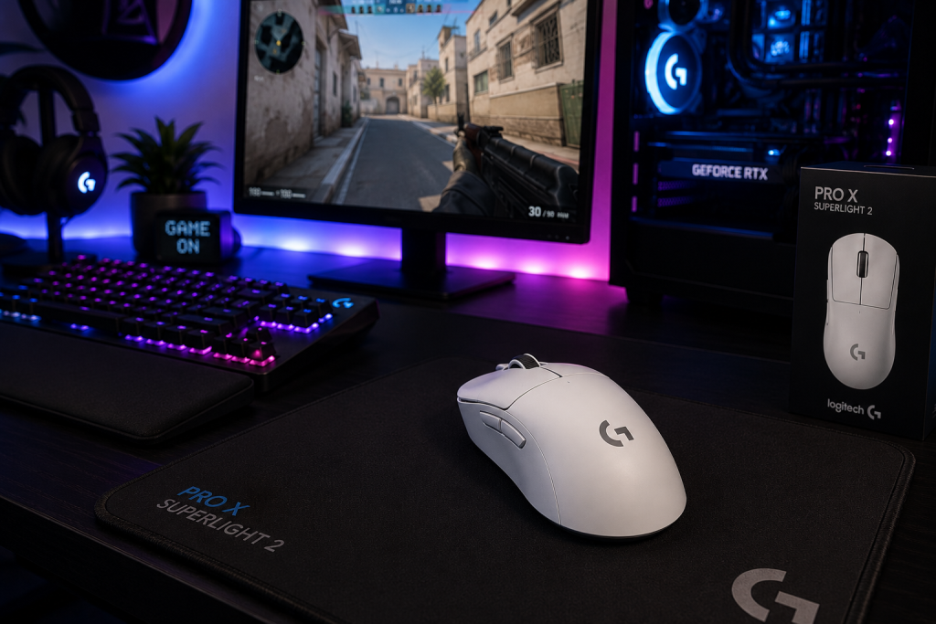 Logitech G Pro X Superlight 2 gaming mouse on an RGB gaming desk setup