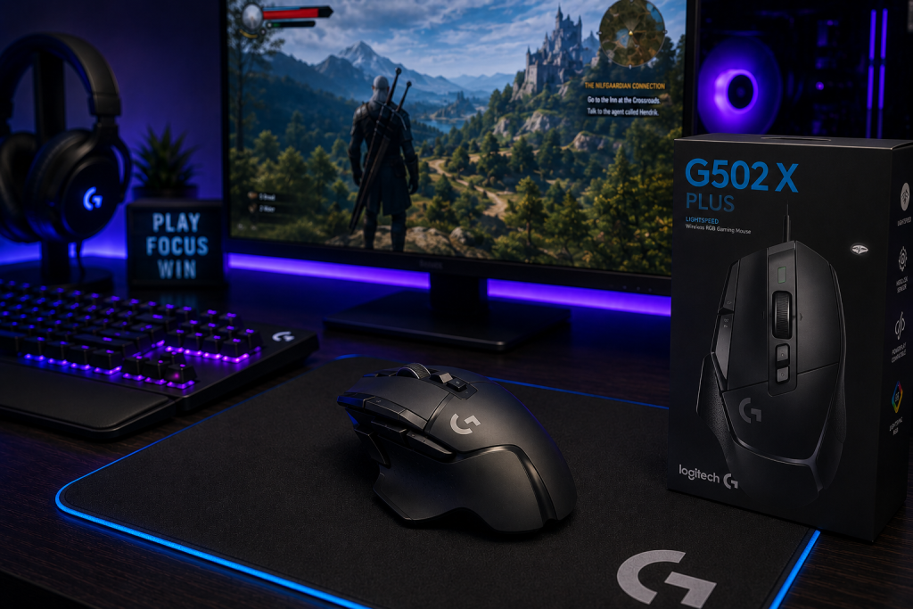 Logitech G502 X Plus gaming mouse on an RGB gaming desk setup