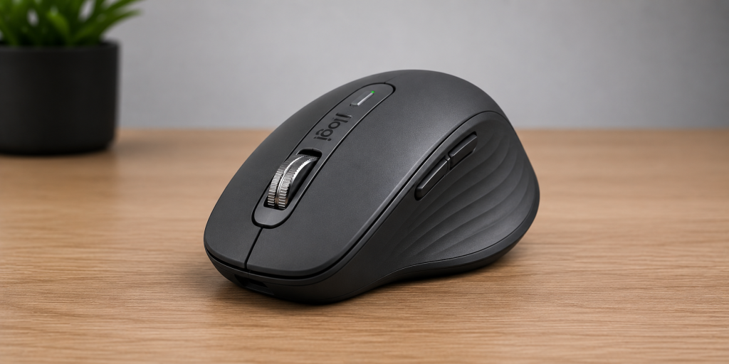 Logitech MX Anywhere 3S wireless mouse on a desk for portable programming setups