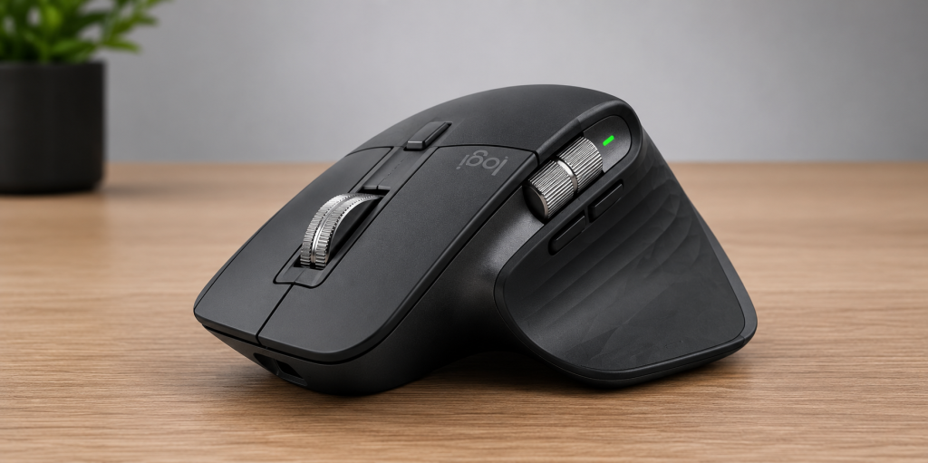 Logitech MX Master 3S wireless mouse on a desk for programming and productivity