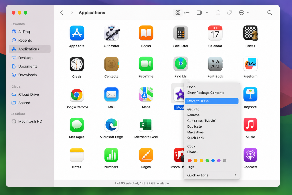 macOS Finder window showing the Applications folder with app icons and Move to Trash option