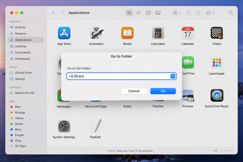 macOS Finder Go to Folder window showing the ~/Library directory path