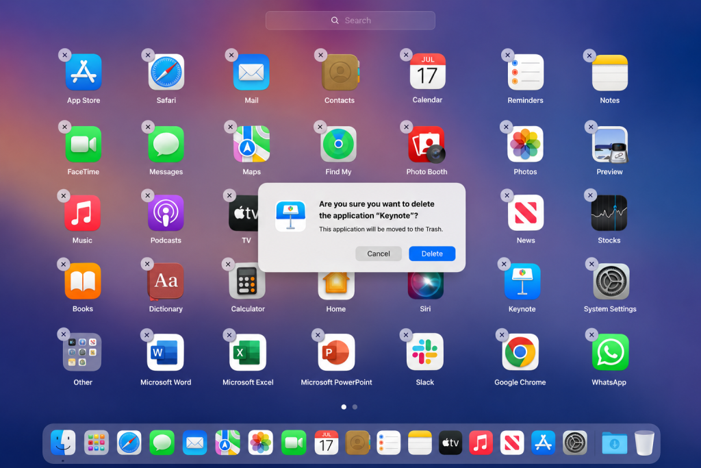 macOS Launchpad showing app icons in uninstall mode with delete confirmation dialog