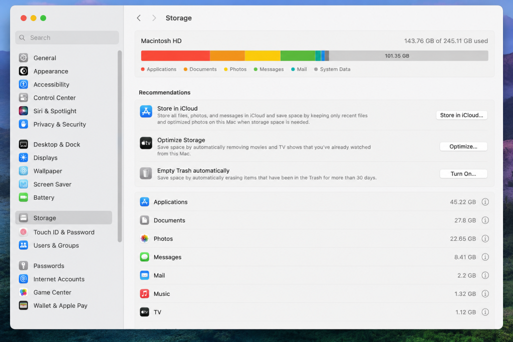 macOS Storage settings screen showing storage usage categories and recommendations