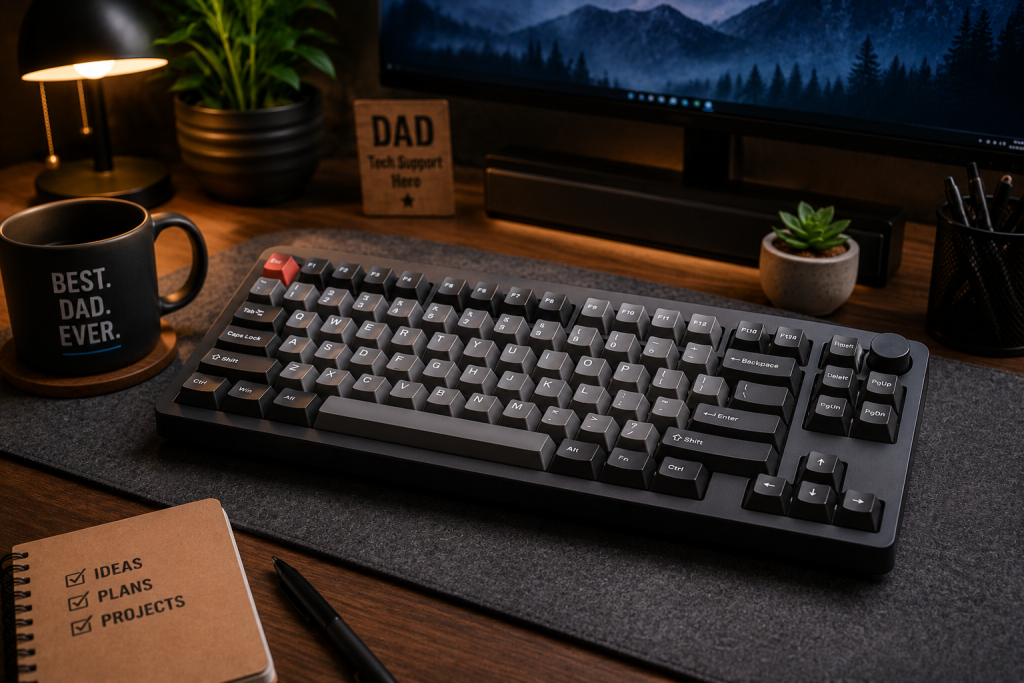 Mechanical keyboard on a modern desk setup with warm lighting, monitor, and Father's Day themed accessories