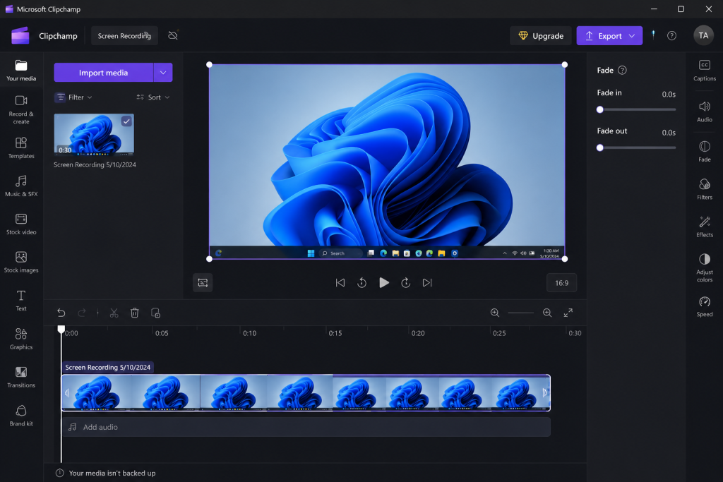Microsoft Clipchamp editing a screen recording on Windows