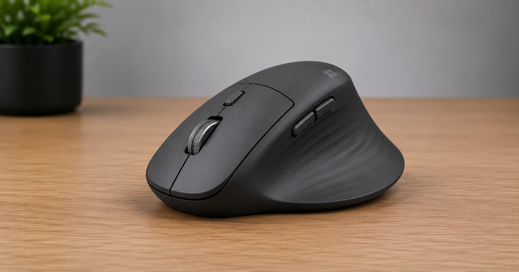 Microsoft ergonomic mouse on a desk for comfortable programming and office work