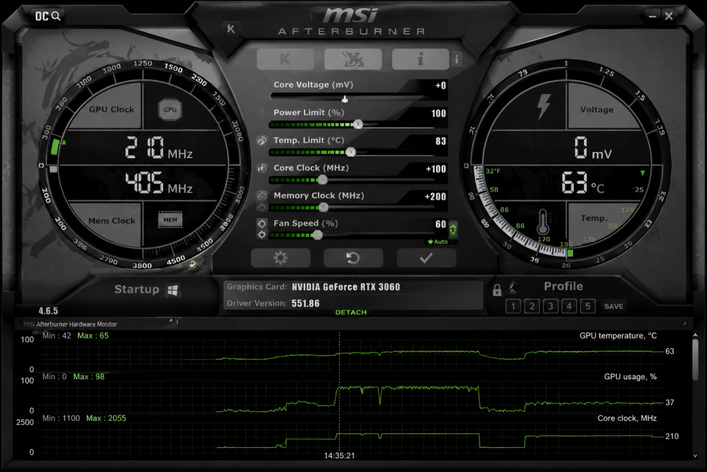 MSI Afterburner dashboard showing GPU temperature monitoring and fan controls
