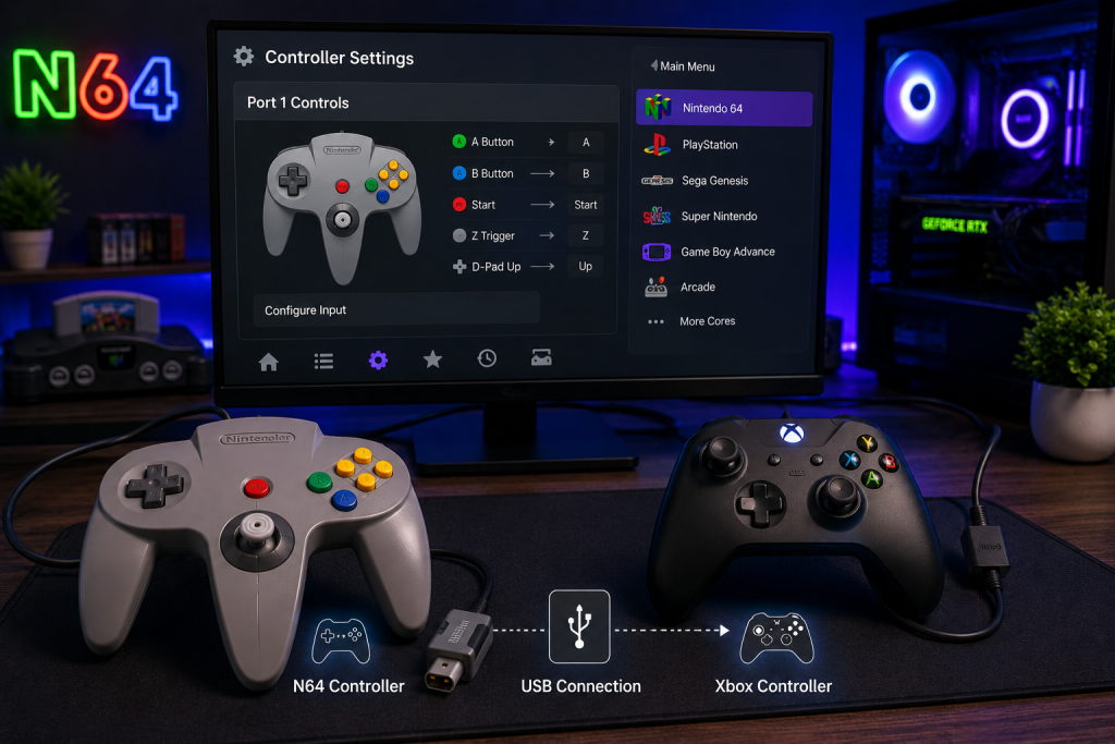 Nintendo 64-style controller and modern game controllers connected to a PC for emulator gaming