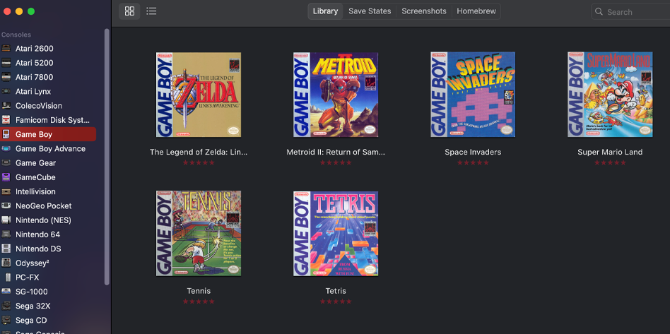 OpenEmu library on macOS showing imported retro games