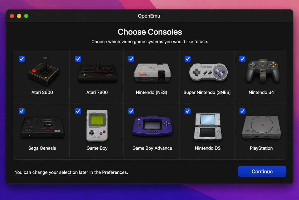 OpenEmu console selection screen on macOS showing supported gaming systems