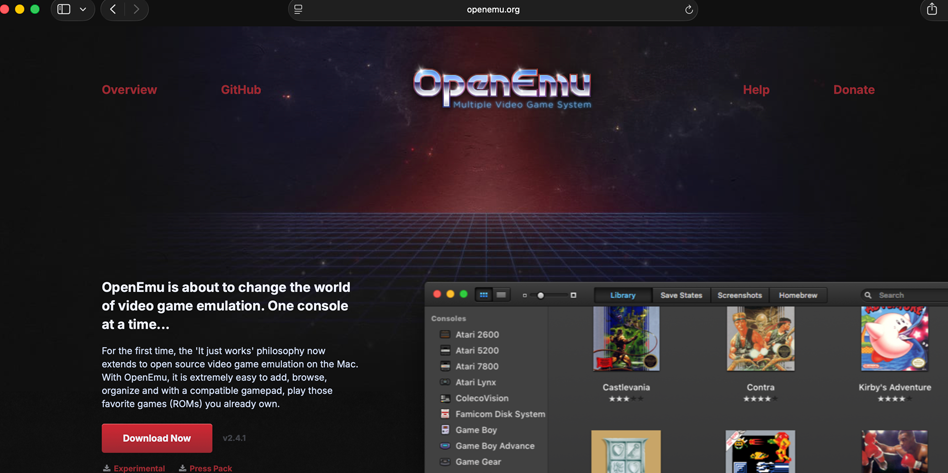OpenEmu download page on macOS showing the download button