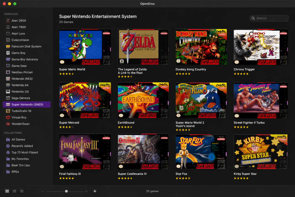 OpenEmu showing a Super Nintendo game library on macOS