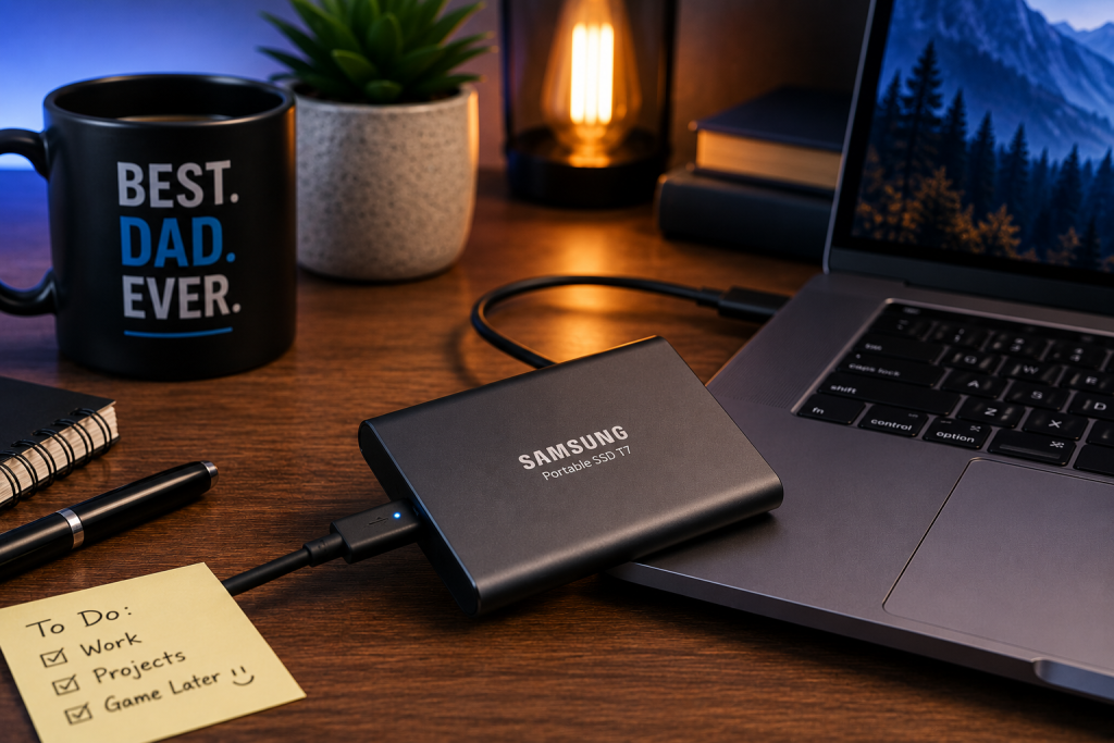 Portable SSD connected to a laptop on a modern desk workspace for file storage and backups