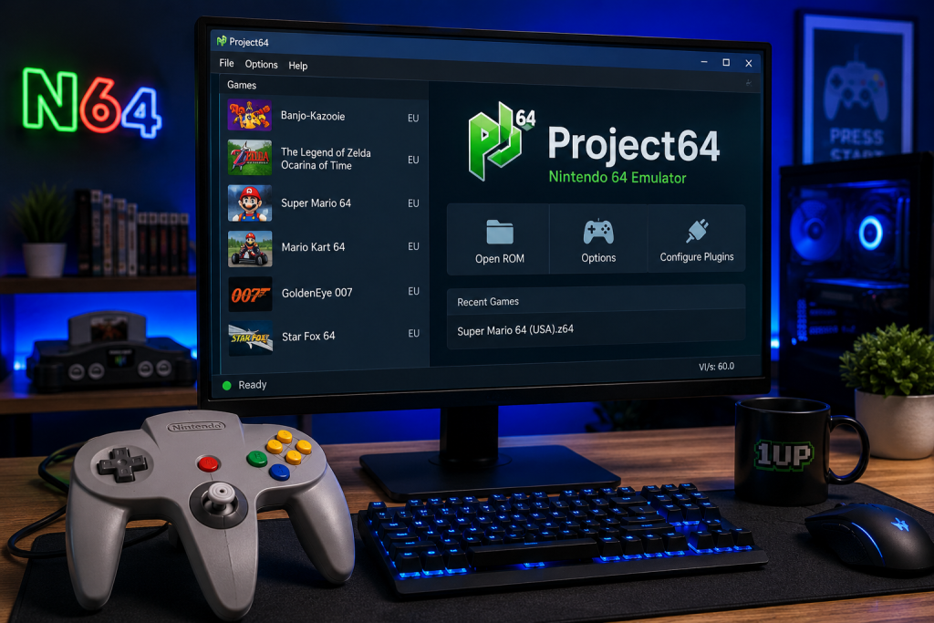 Project64 Nintendo 64 emulator running on a modern gaming PC setup with an N64-style controller