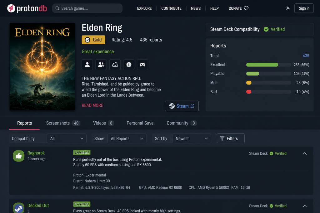 ProtonDB compatibility page showing how well a Steam game runs on Linux
