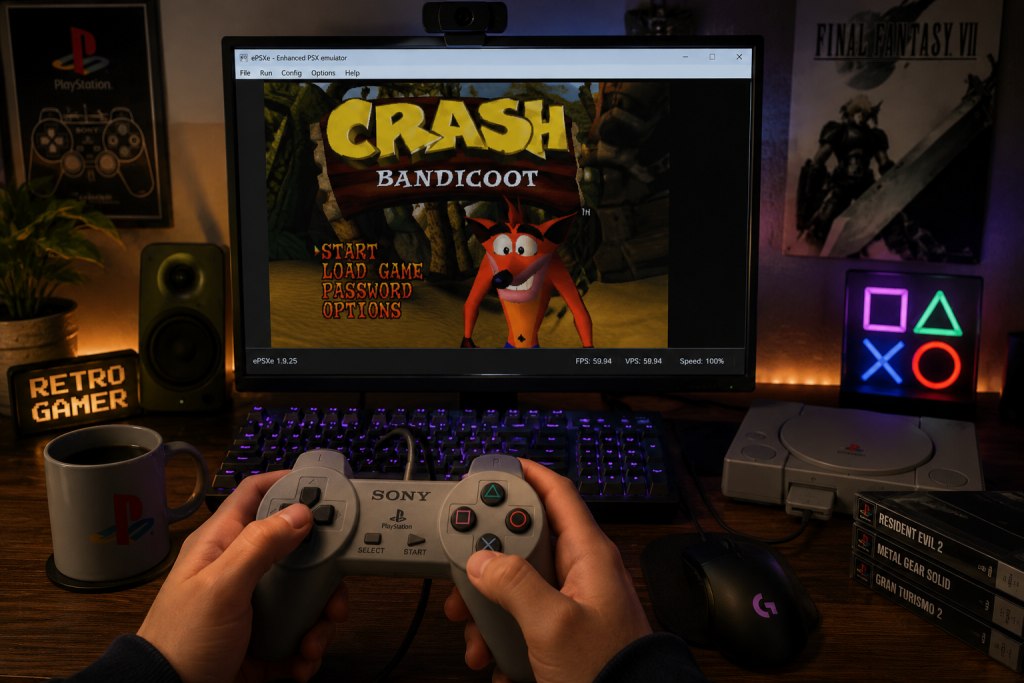 Classic PlayStation controller being used with a PS1 emulator on a modern PC gaming setup