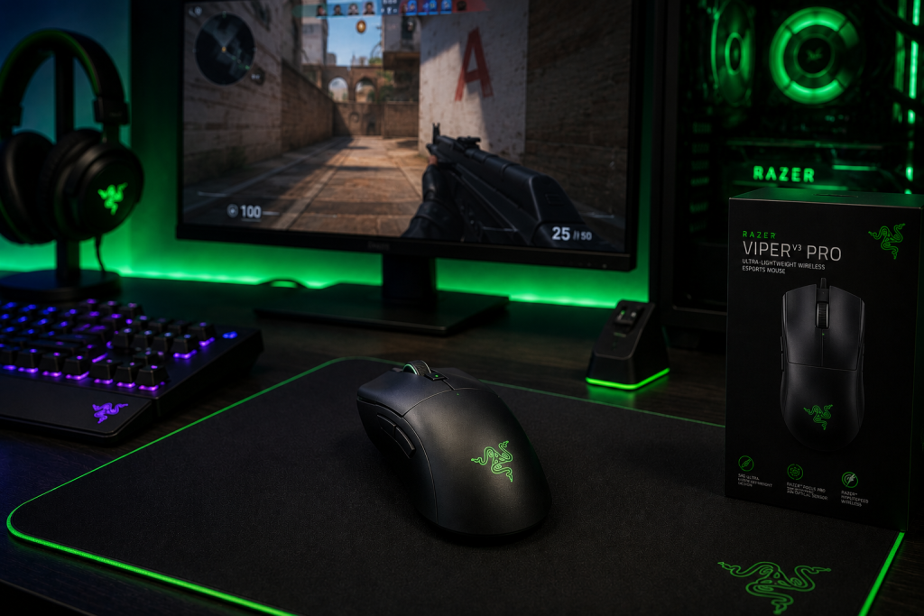Razer Viper V3 Pro wireless gaming mouse on an RGB gaming desk setup