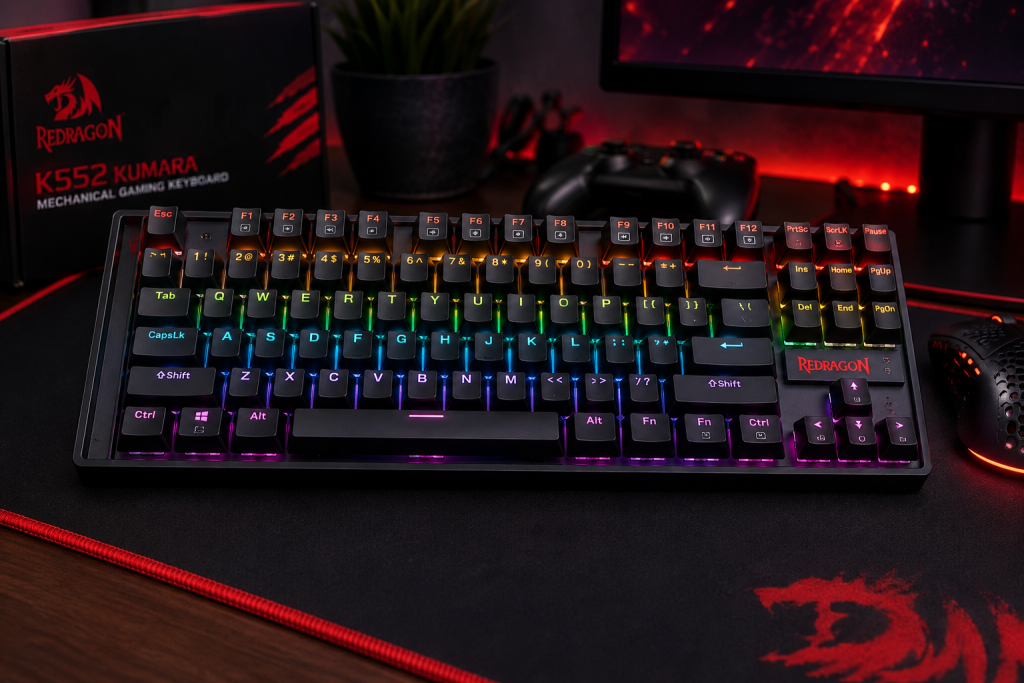 Redragon K552 Kumara RGB mechanical gaming keyboard on a gaming desk setup