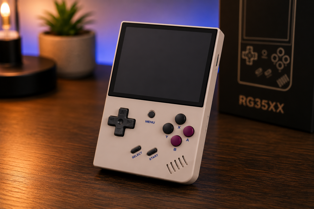 Retro-style handheld gaming device with a blank screen displayed on a desk with warm ambient lighting