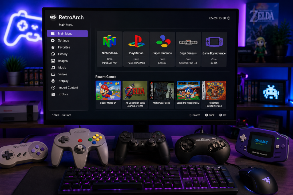 RetroArch emulator running on a modern gaming PC with support for multiple retro gaming systems