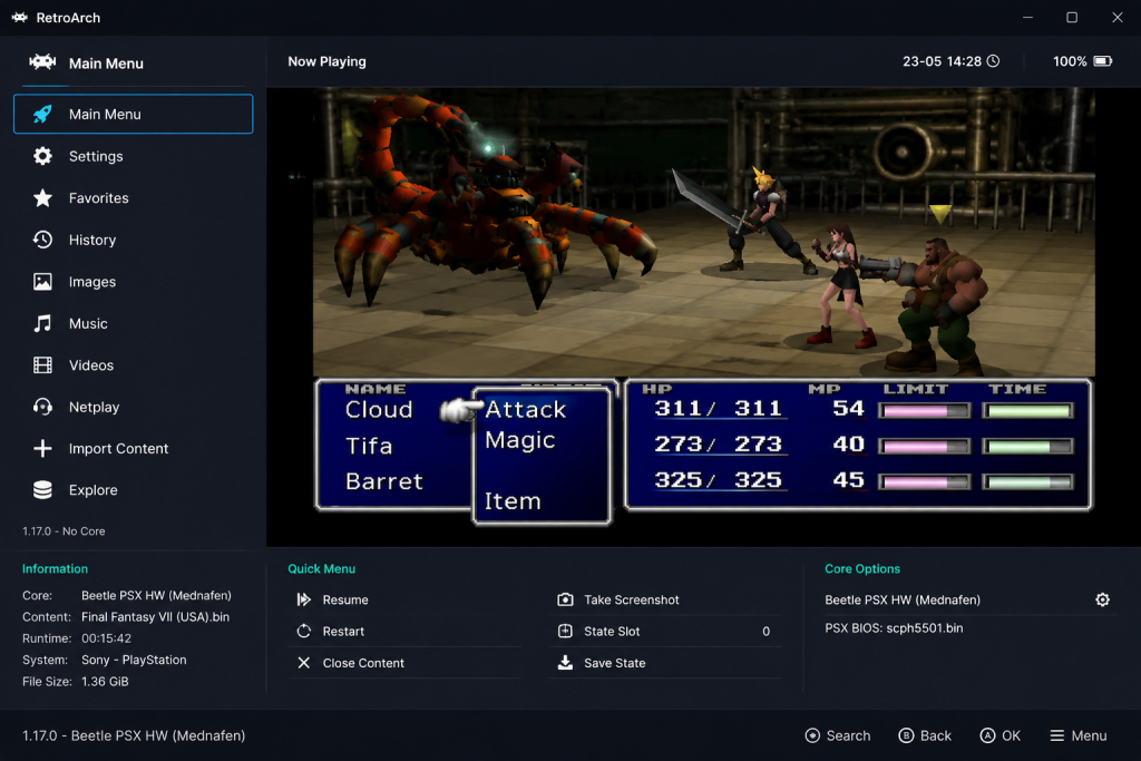 RetroArch running a PS1 game with the Beetle PSX core interface