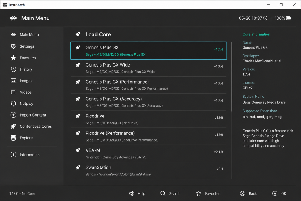 RetroArch showing Sega Genesis emulator core options on PC