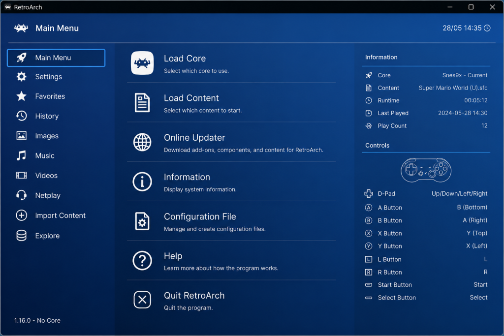 RetroArch emulator dashboard for playing SNES games on PC and Mac