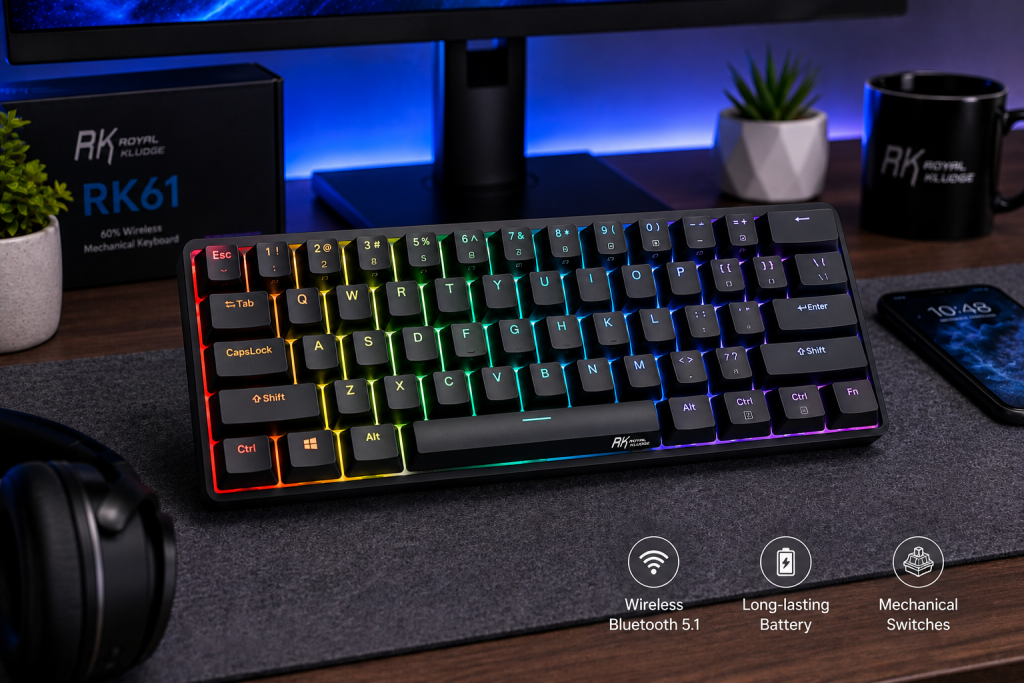 Royal Kludge RK61 wireless mechanical keyboard with RGB lighting on a modern desk setup