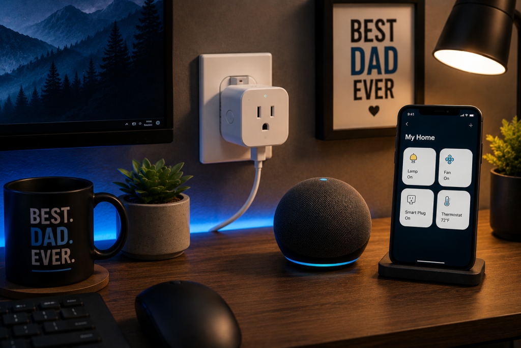 Smart plug, smart speaker, and smartphone controlling home automation devices on a modern home office desk